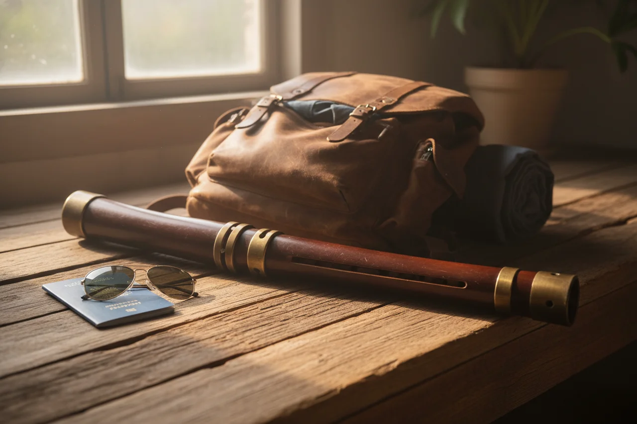 Didgeridoo de viaje telescópico junto a una mochila de cuero y un pasaporte