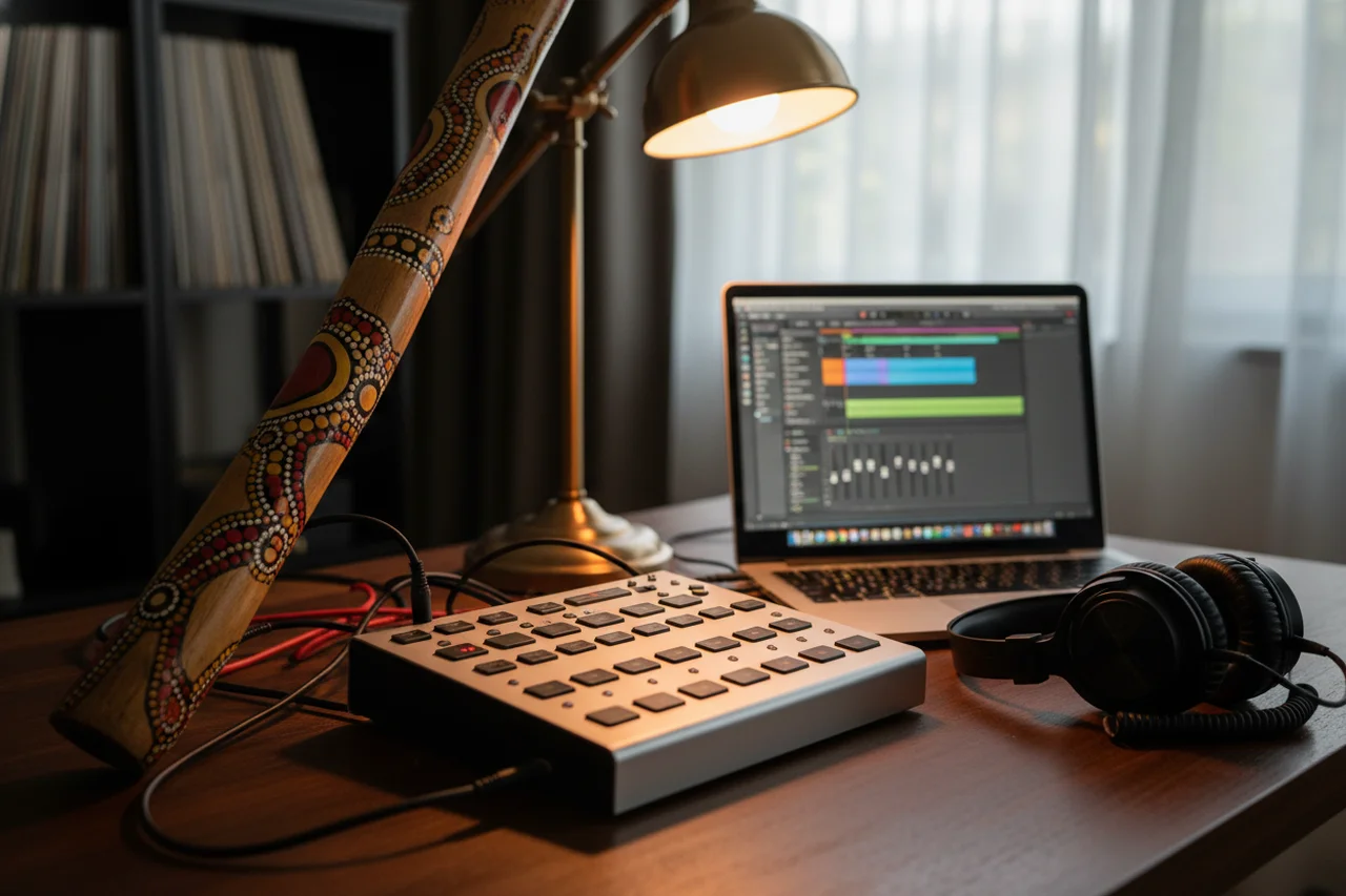 Didgeridoo junto a un pedal de loop y un portátil en un estudio casero