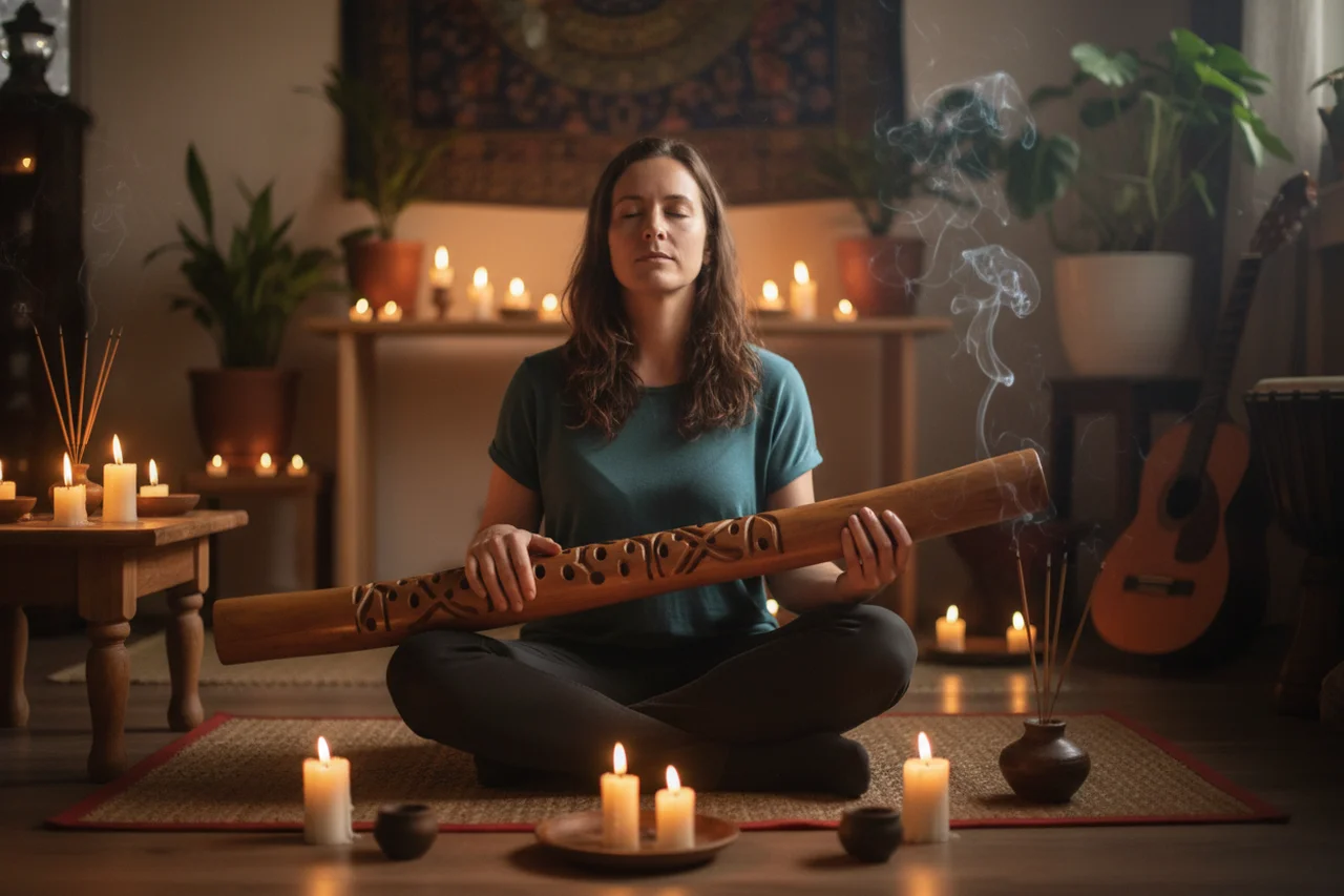 Persona meditando con un didgeridoo en una sala iluminada con velas