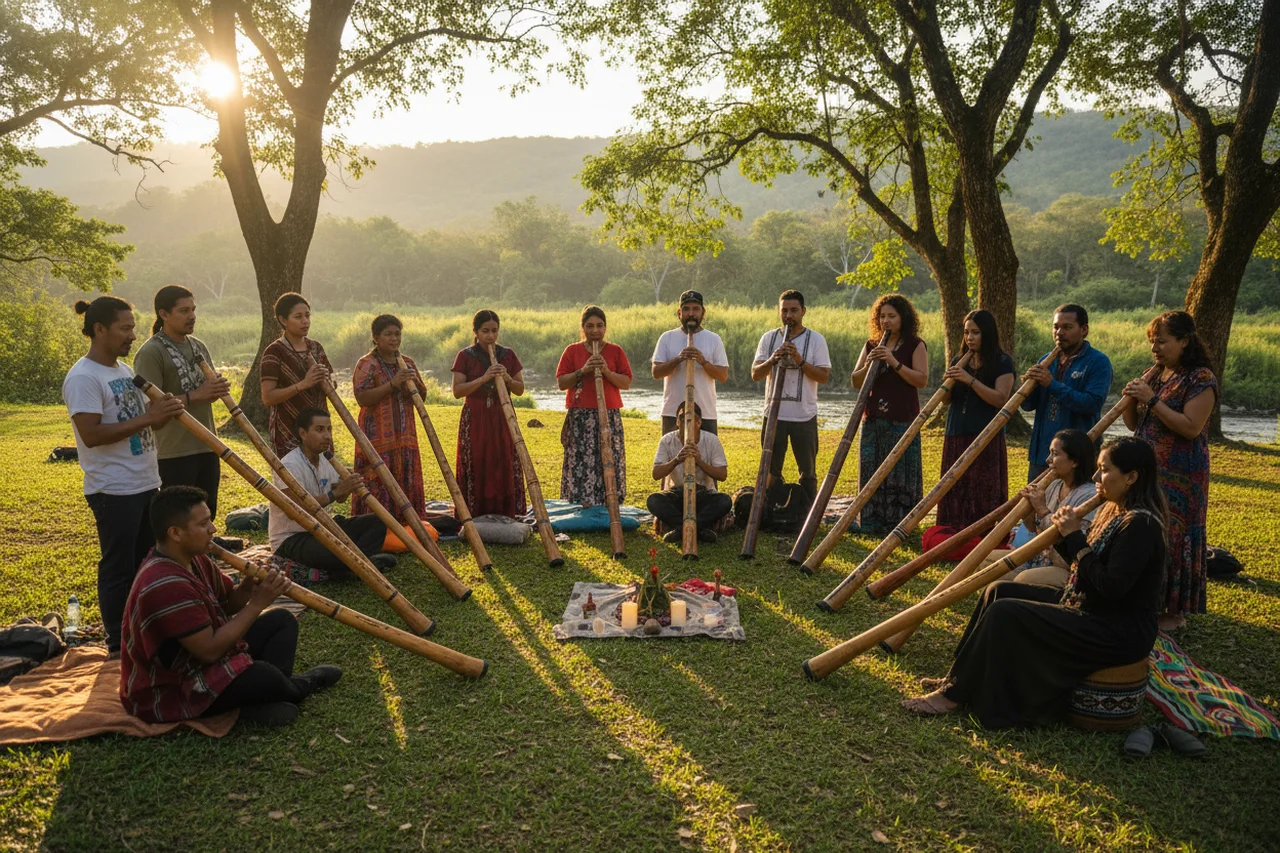 Grupo tocando didgeridoos en un encuentro al aire libre en América