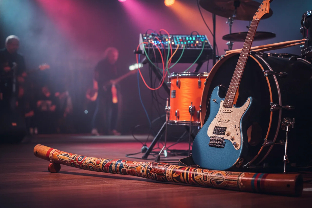 Didgeridoo junto a una guitarra eléctrica y un sintetizador en un escenario