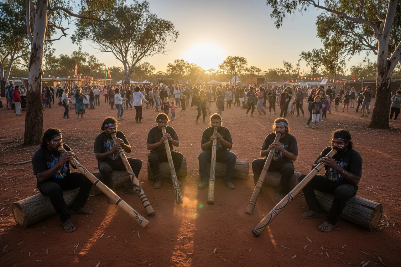 Festival de didgeridoo al aire libre en el outback australiano al atardecer