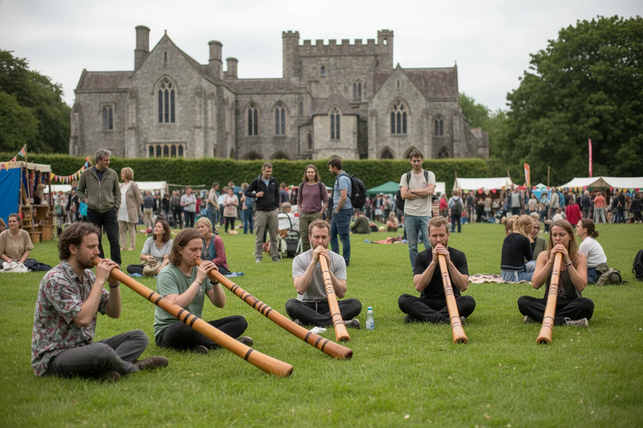 Festival de didgeridoo en un parque europeo con edificios de piedra