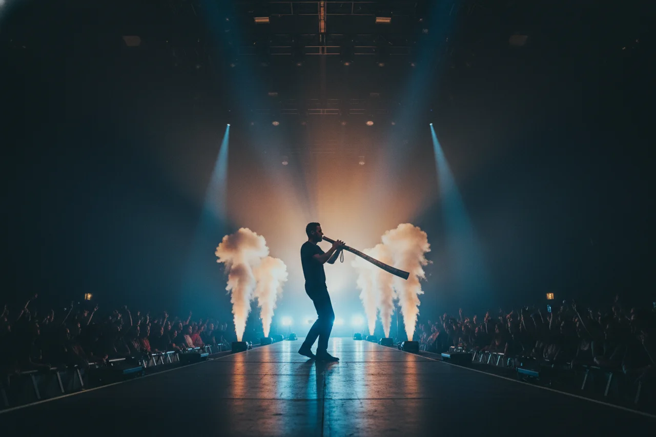 Músico de didgeridoo actuando en un gran escenario con luces de concierto