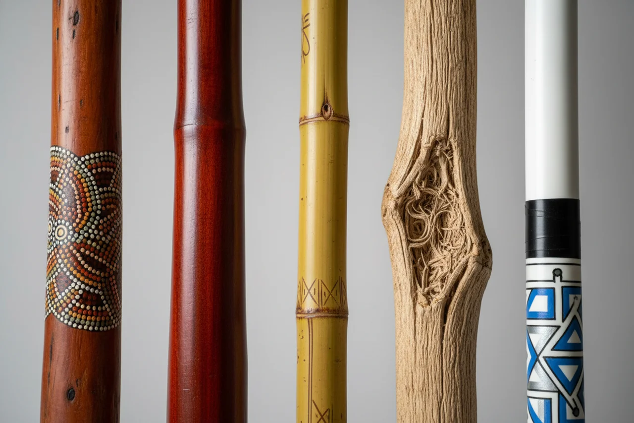 Cinco didgeridoos de distintos materiales alineados para comparar