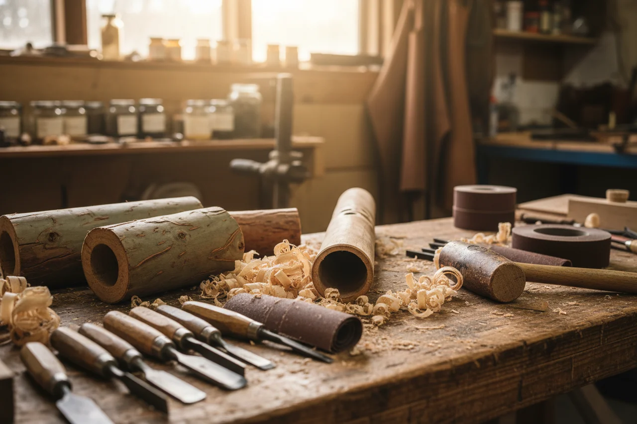 Banco de trabajo con maderas y herramientas para construir un didgeridoo