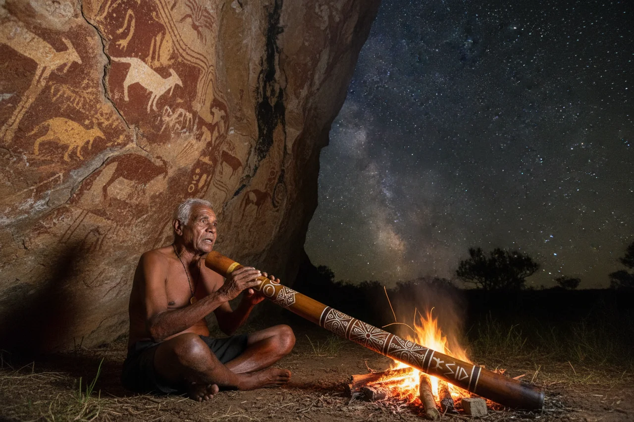 Narrador aborigen con un didgeridoo junto a una hoguera bajo las estrellas