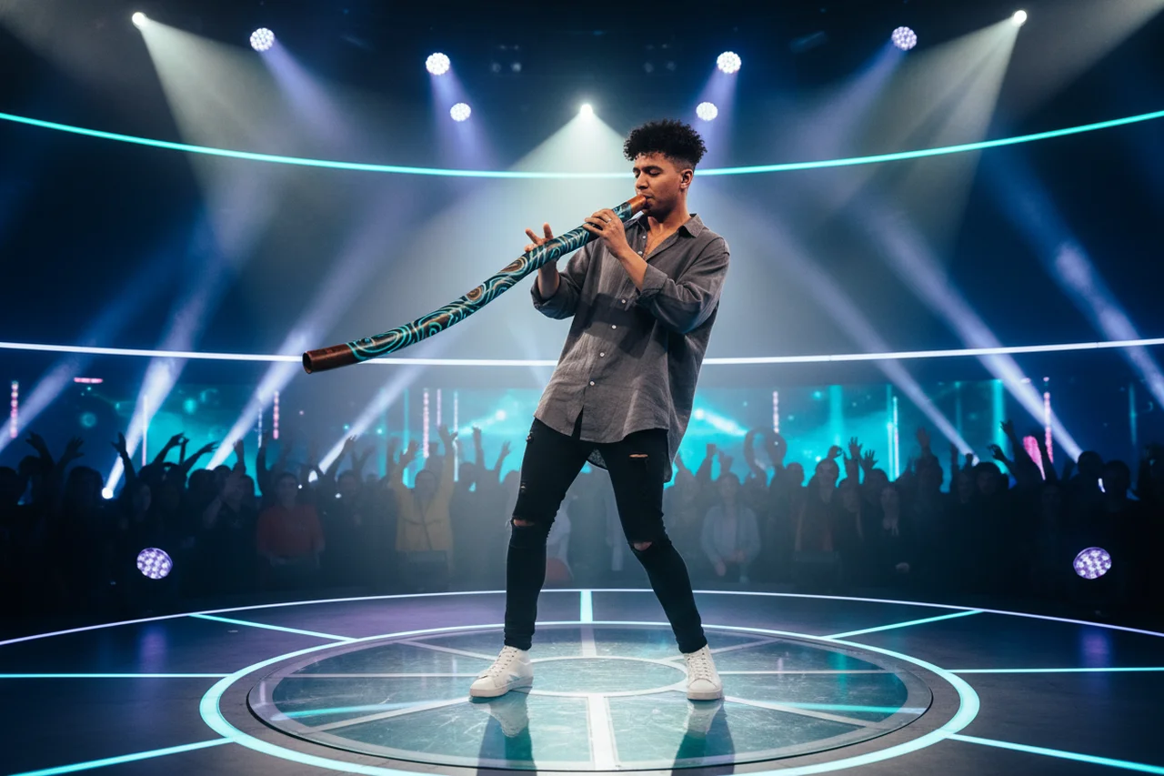 Músico contemporáneo tocando el didgeridoo en un escenario moderno