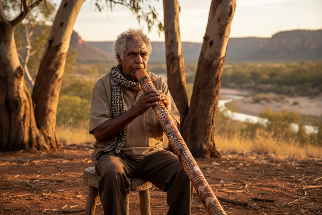 Anciano aborigen australiano tocando un didgeridoo de eucalipto pintado