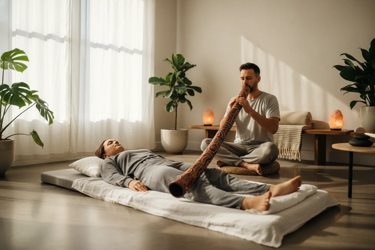 Sesión de musicoterapia con didgeridoo en una sala de bienestar
