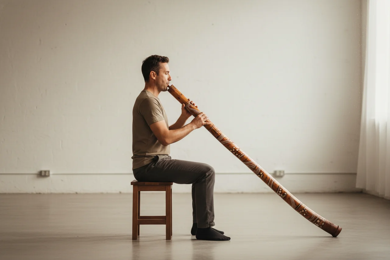 Músico sentado con la postura correcta para tocar el didgeridoo