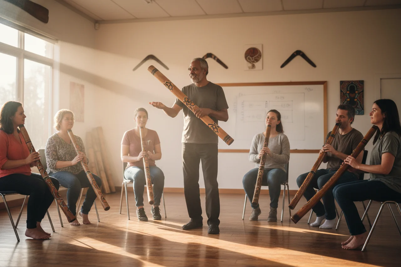 Profesor guiando un taller de didgeridoo con un grupo de alumnos