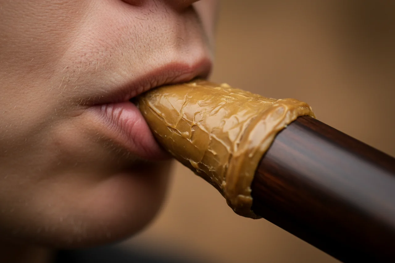 Primer plano de la embocadura y los labios sobre la boquilla de un didgeridoo