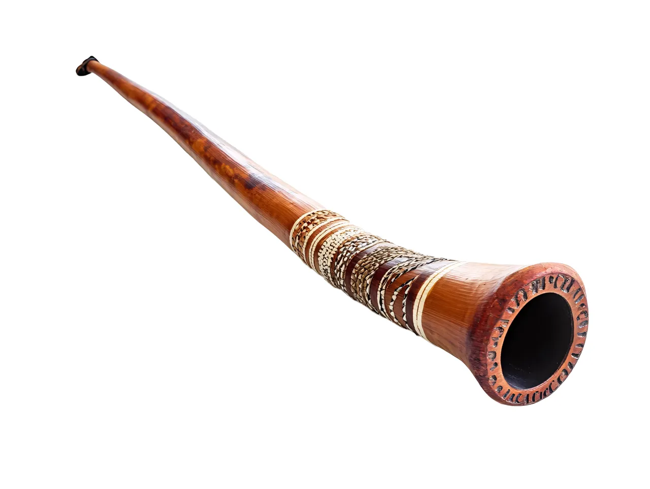 Didgeridoo artesanal de madera con acabado tradicional y atado de ratán