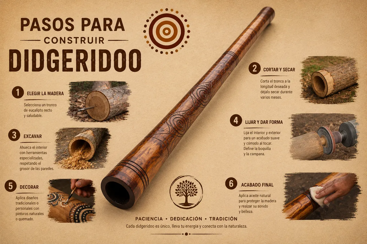 Infografía con los seis pasos para construir un didgeridoo